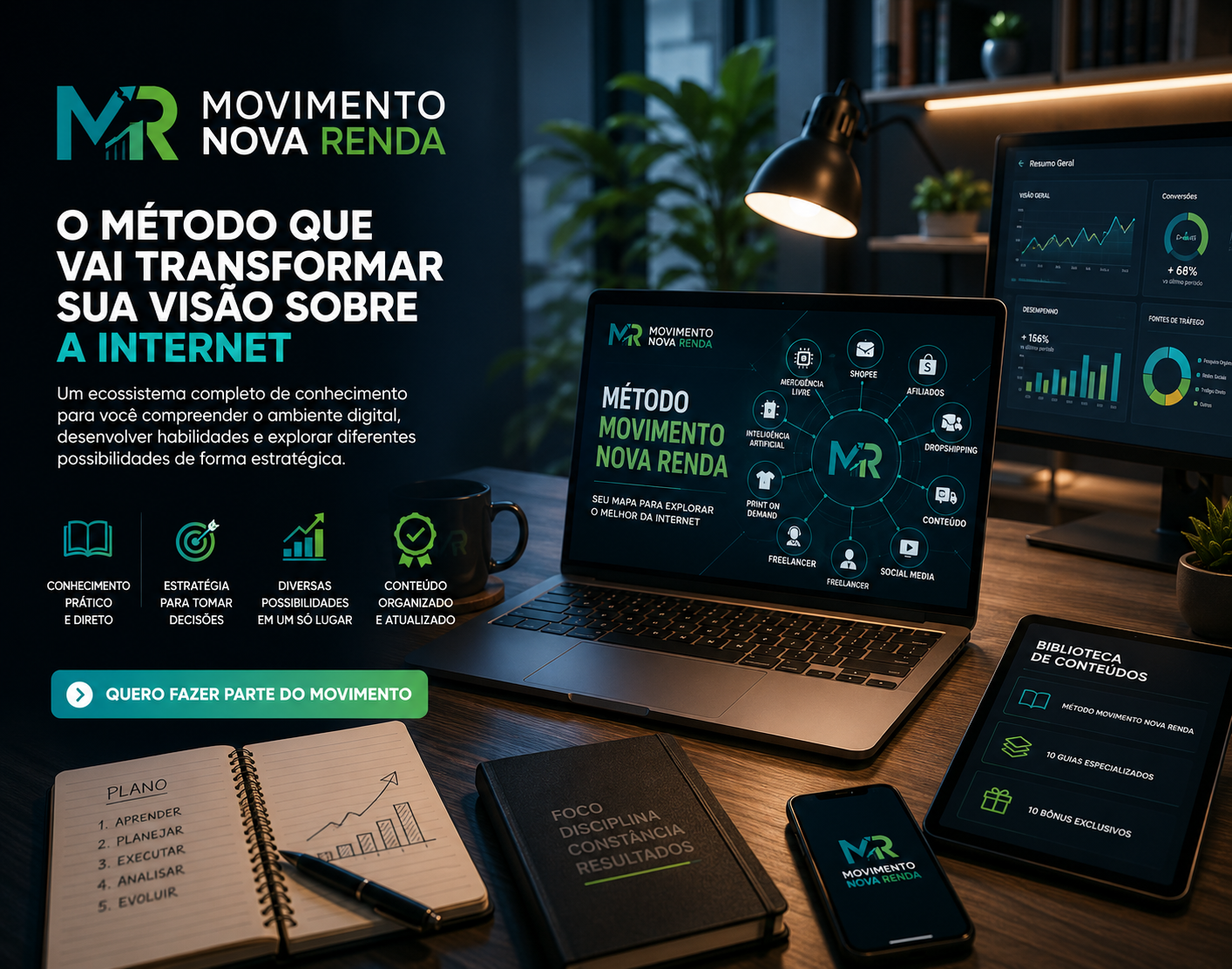 Movimento Nova Renda — mockup do método em laptop, com plano de estudo e materiais organizados